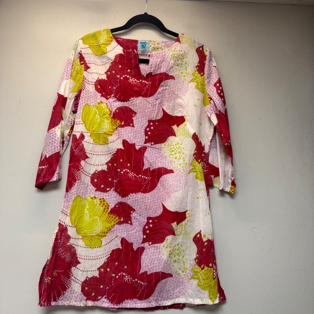 Karma Living Tunic Top Womens Large Red Pink Floral Cotton Excellent Mixed Print